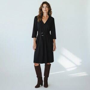 Massimo Dutti Navy Blue V Neck Midi Dress with Belt Size Medium